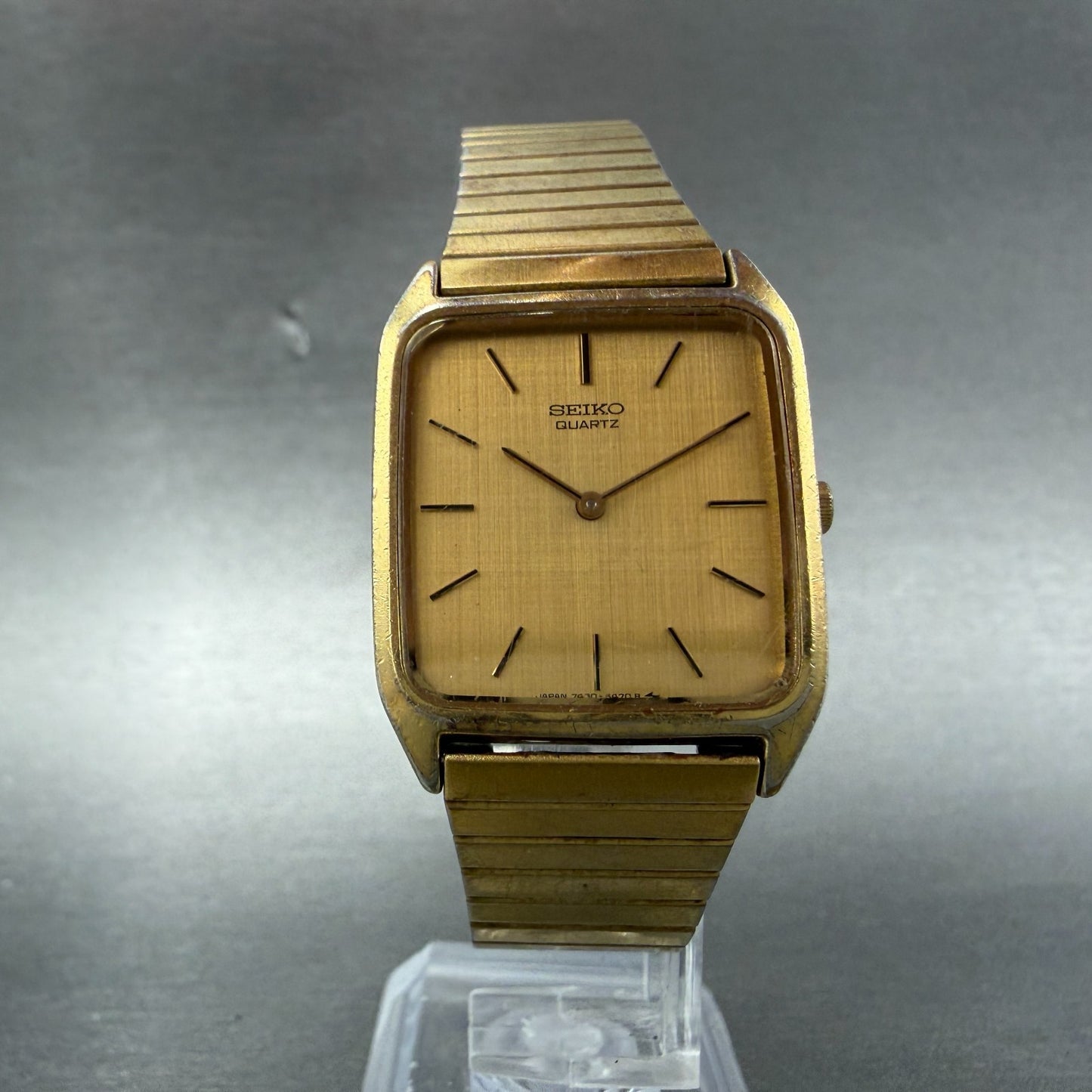Seiko tank Watch Men 26mm Champagne Dial Gold Tone Rectangle 7430-5309 New Batt5