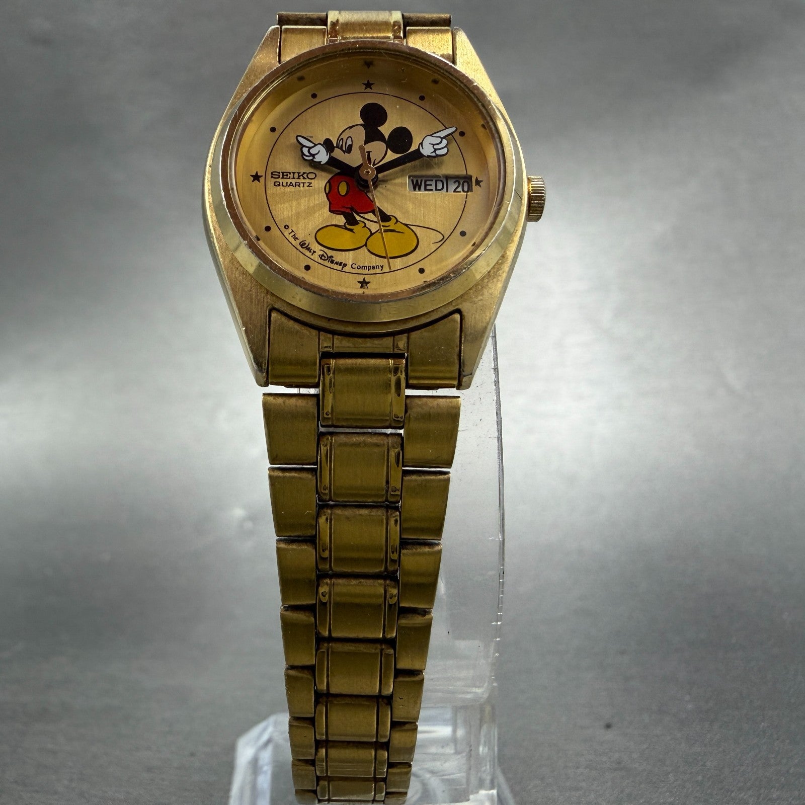 Seiko Mickey Mouse Watch Women 24mm Champagne Dial Gold Tone Daydate New Battery5