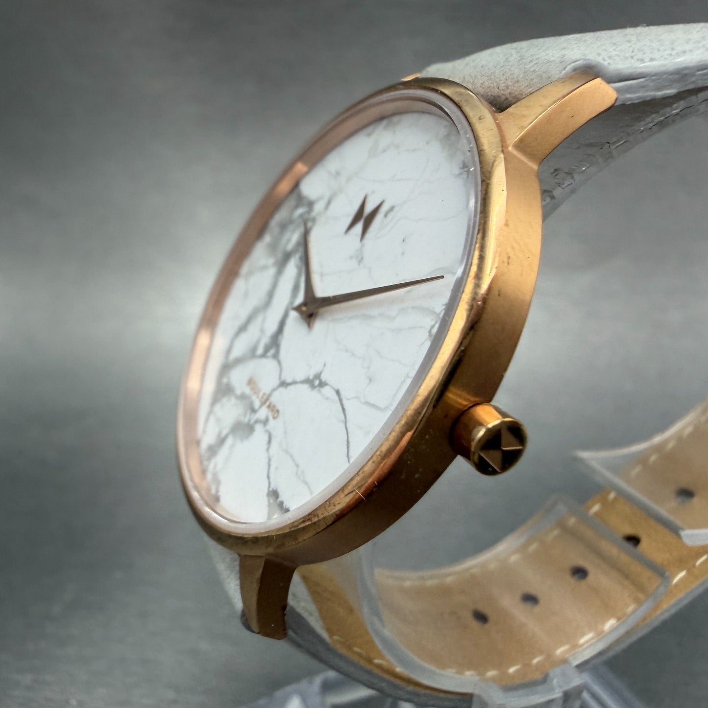 MVMT Boulevard Watch Women 38mm White Stone Dial Rose Gold Leather New Battery A2