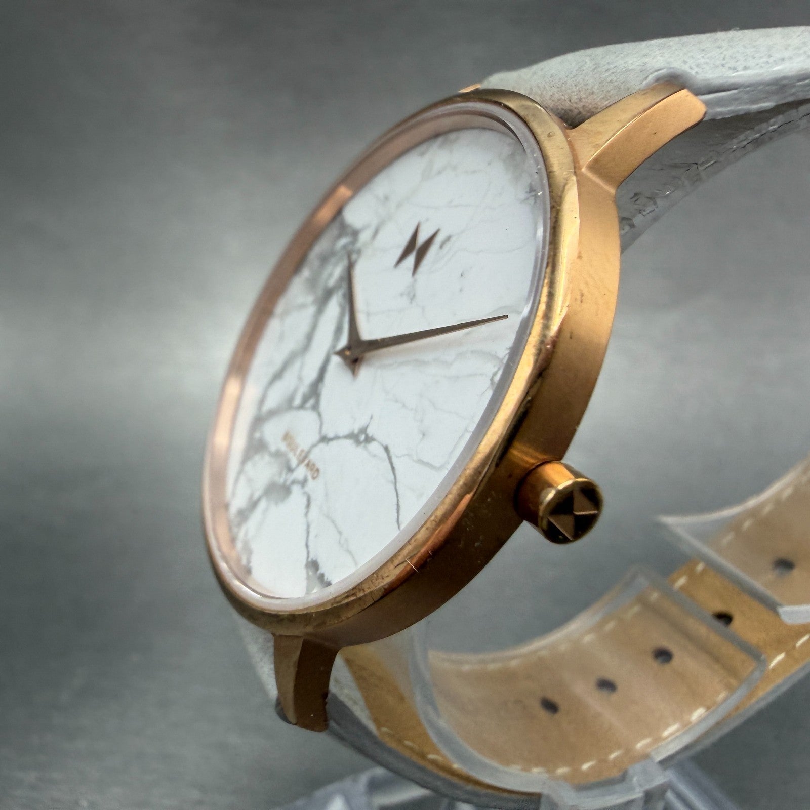 MVMT Boulevard Watch Women 38mm White Stone Dial Rose Gold Leather New Battery A2