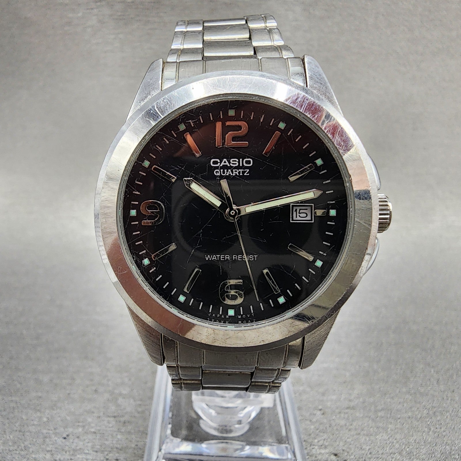 Casio Watch Men 37mm Black Dial Silver Tone Date Round MTP1215 New Battery0