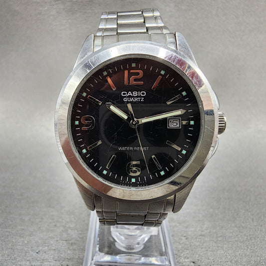 Casio Watch Men 37mm Black Dial Silver Tone Date Round MTP1215 New Battery0