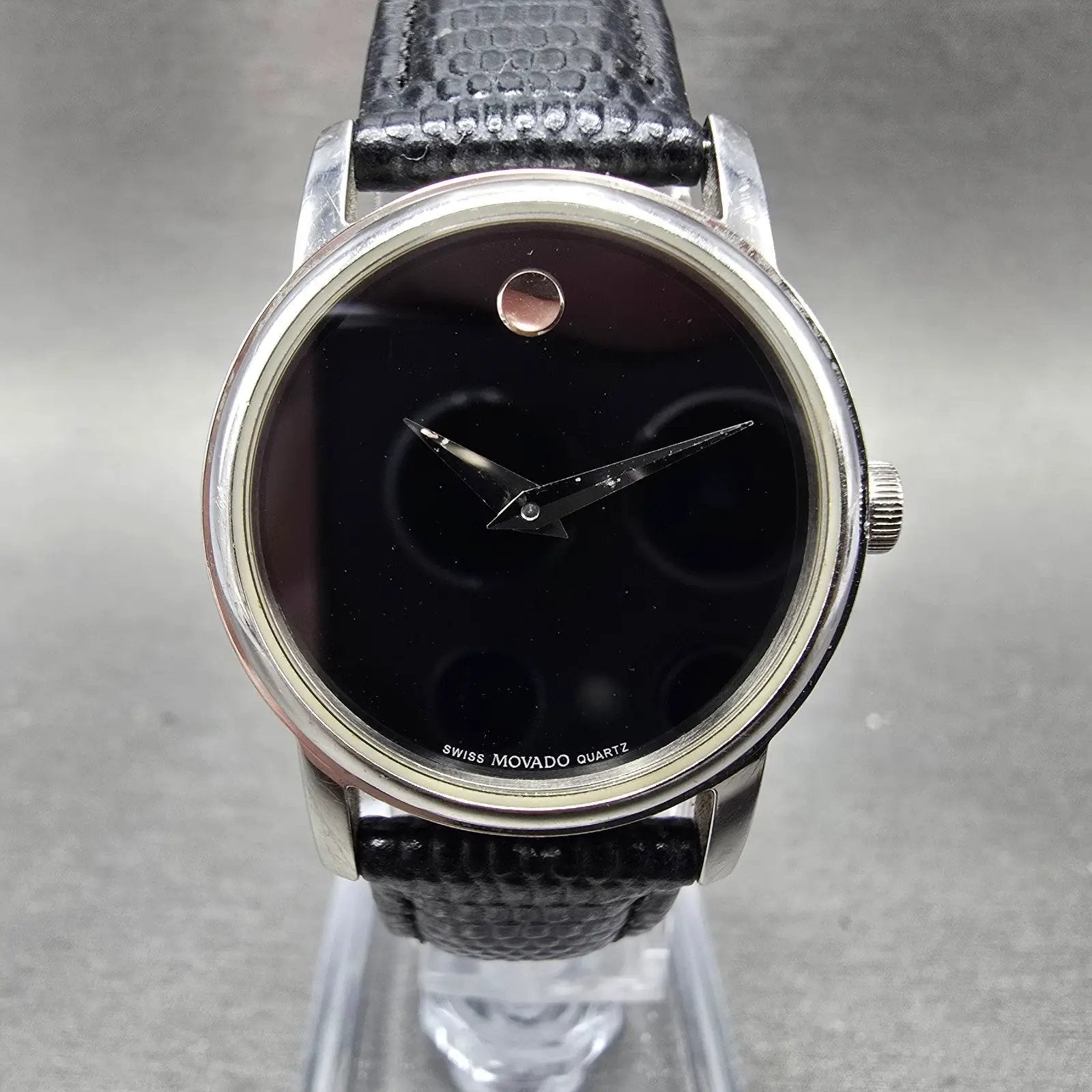 Movado Museum Watch Men 39mm Black Dial Steel Round Leather 2100002 New BatteryJ0