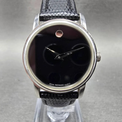 Movado Museum Watch Men 39mm Black Dial Steel Round Leather 2100002 New BatteryJ0