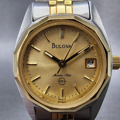 Bulova Marine Star Watch Women 24mm Gold Dial Two Tone Date Round New Battery1
