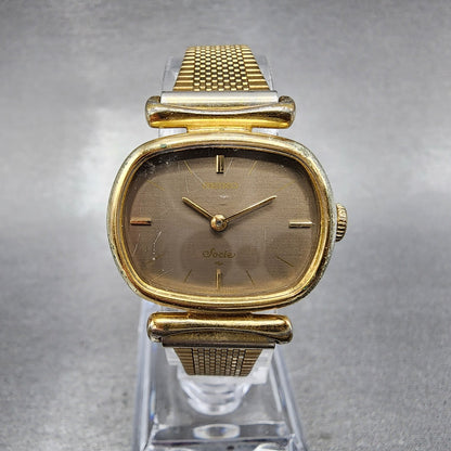 VTG Seiko Watch Women 25mm Brown Dial Gold Tone Rectangle 115020 New Battery0