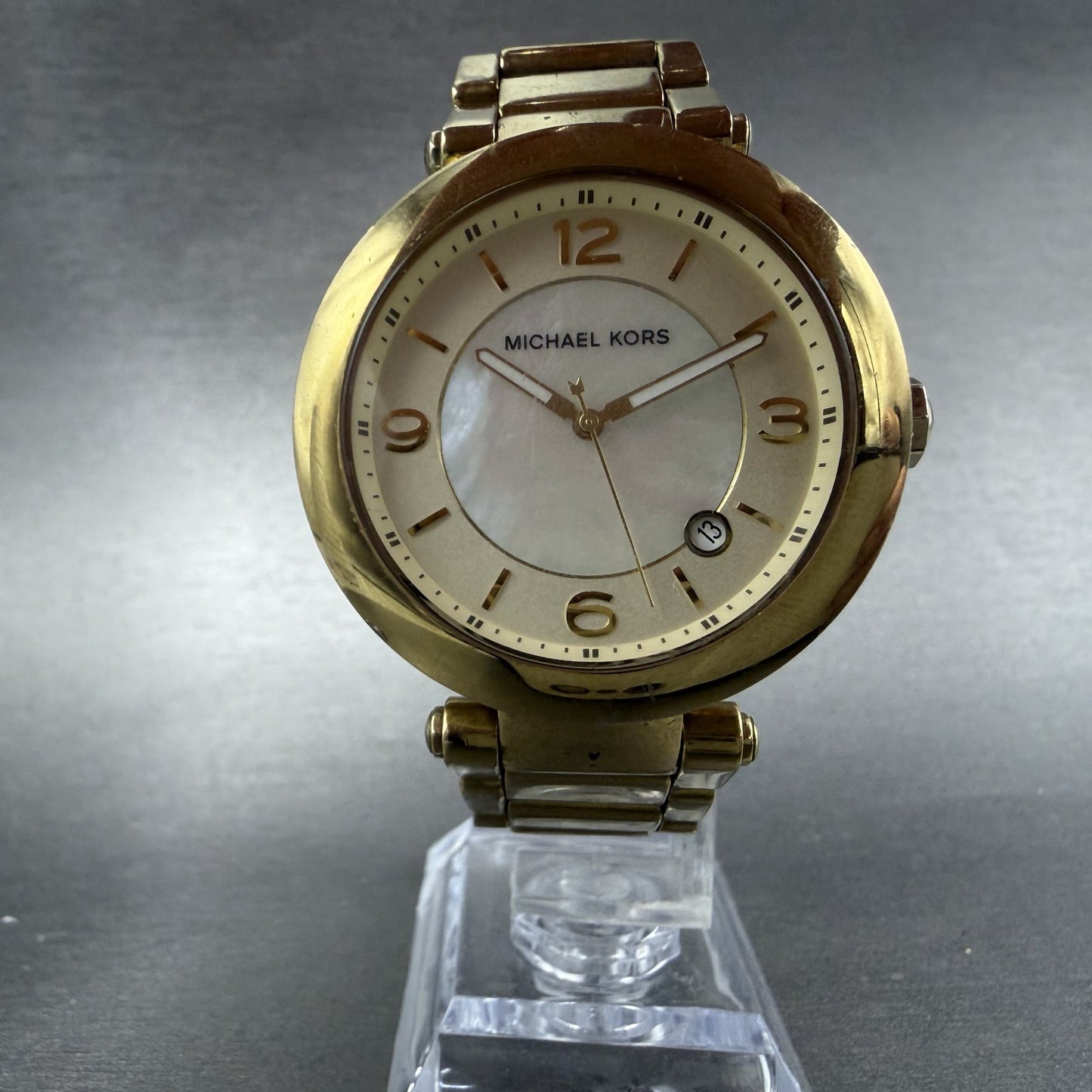 Michael Kors Watch Women 39mm MOP Dial Gold Tone Date Round MK-5071 New Batt5