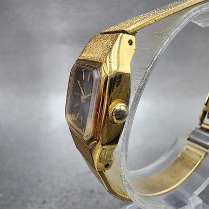 Seiko Tank Watch Women 17mm Brown Dial Gold Tone Rectangle 54205019 New Battery2