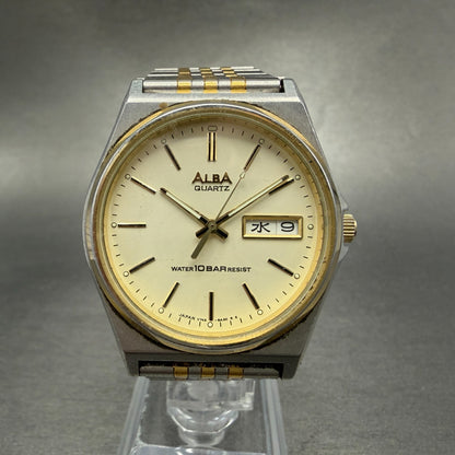 Seiko Alba Watch Men 35mm White Dial Two Tone Daydate V743-8a10 New Battery J7T0