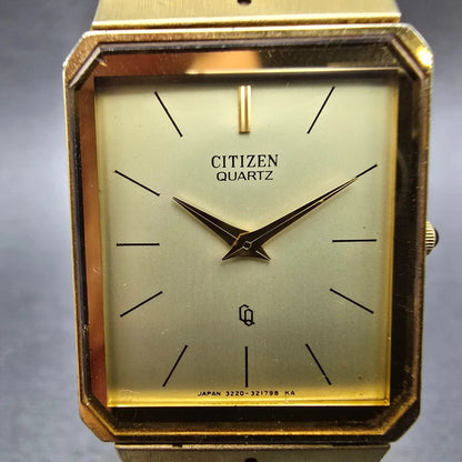 Citizen CQ Tank Watch Men 24mm Champagne Dial Gold Tone 3220-320948 New Battery1