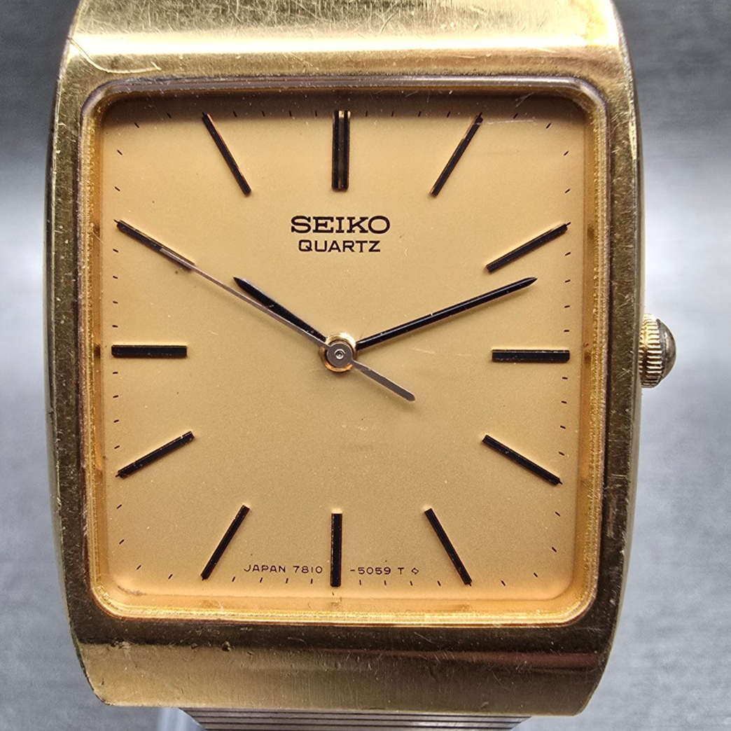 Seiko Watch Men 28mm Gold Dial Gold Tone Rectangle 7810-5059 New Battery VTG1