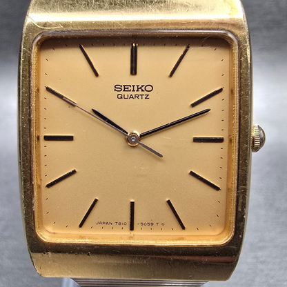 Seiko Watch Men 28mm Gold Dial Gold Tone Rectangle 7810-5059 New Battery VTG1