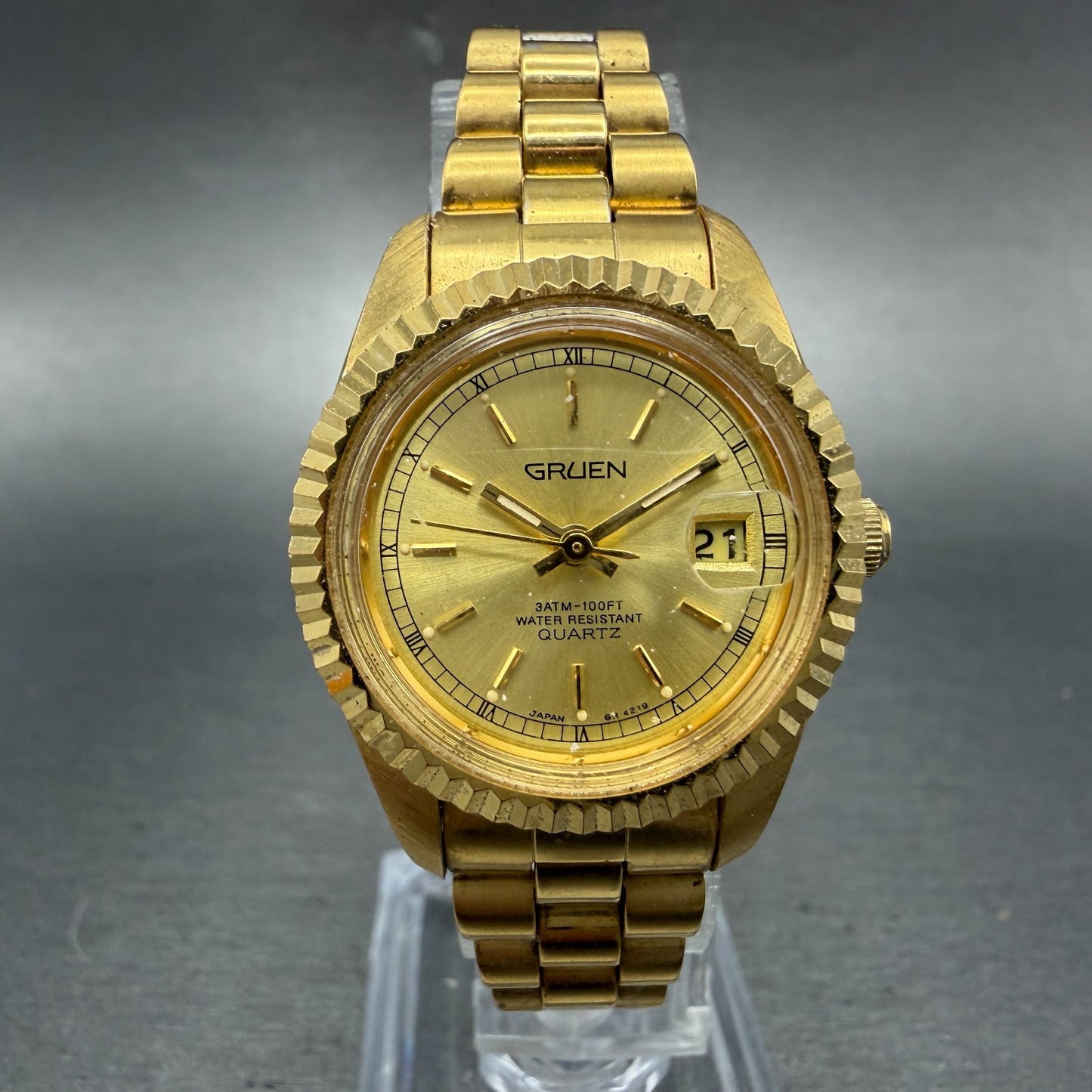 Gruen President Watch Women 26mm Gold Dial Gold Tone Date Round New Battery0