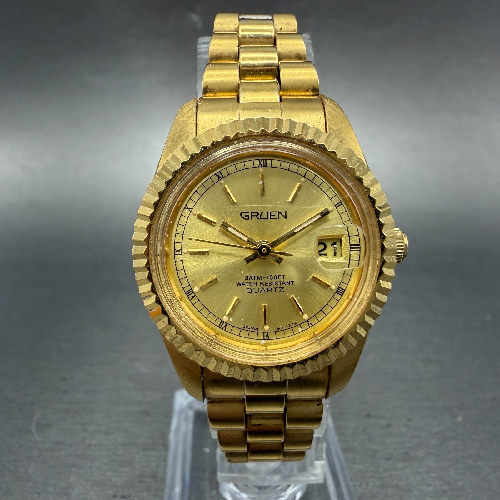 Gruen President Watch Women 26mm Gold Dial Gold Tone Date Round New Battery0