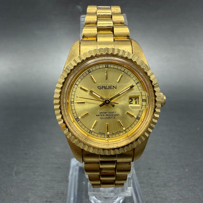 Gruen President Watch Women 26mm Gold Dial Gold Tone Date Round New Battery0