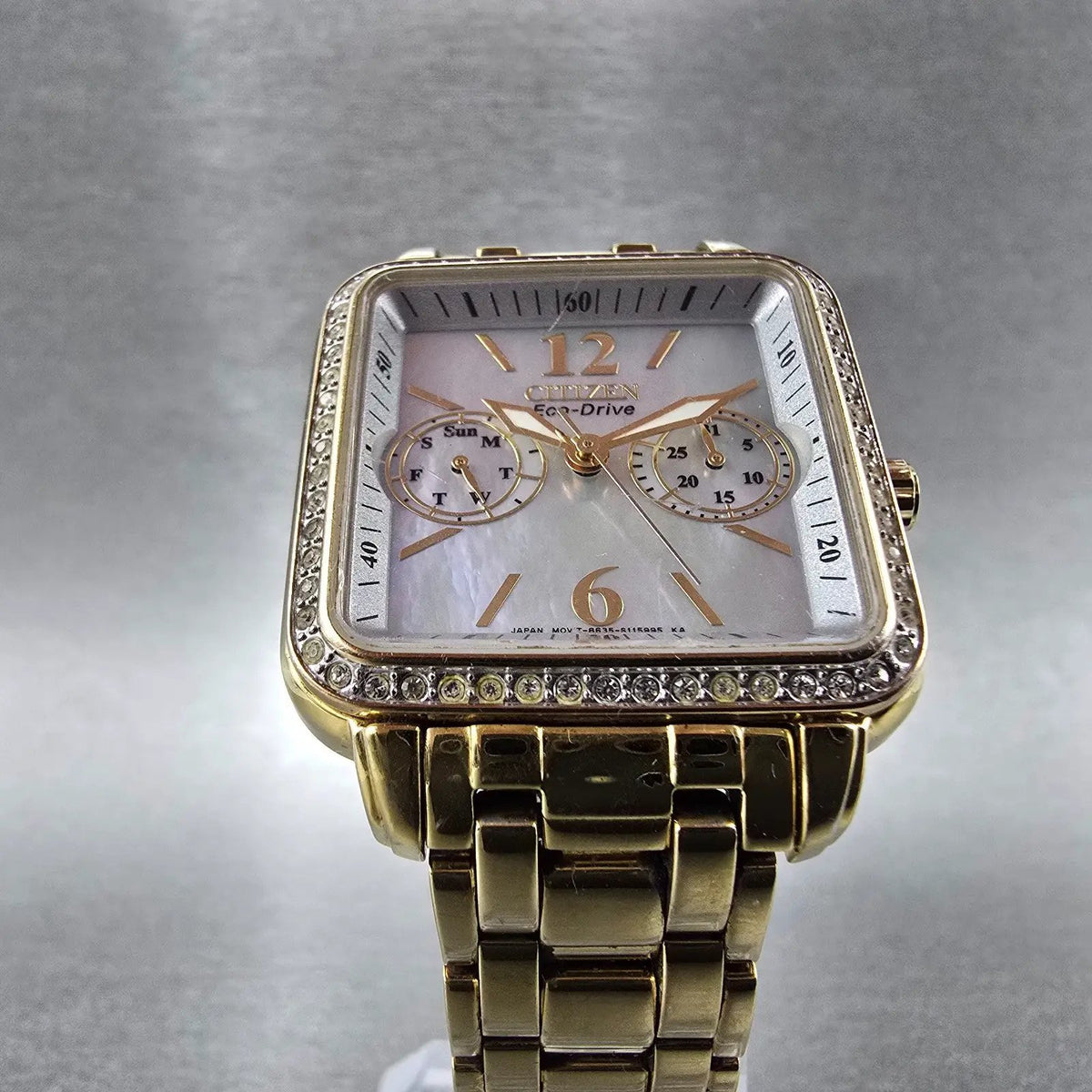 Citizen Eco-Drive Tank Watch Women 32mm MOP Dial Gold Daydate Crystal Works5