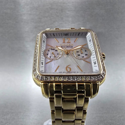 Citizen Eco-Drive Tank Watch Women 32mm MOP Dial Gold Daydate Crystal Works5