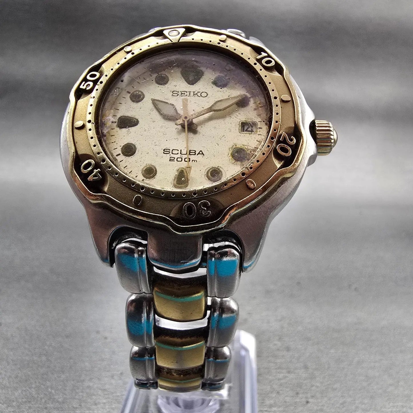 Seiko Scuba Dive Watch Men 38mm Champagne Dial Two Tone Date 7N35-6030 New Batt5