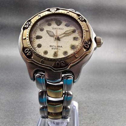 Seiko Scuba Dive Watch Men 38mm Champagne Dial Two Tone Date 7N35-6030 New Batt5
