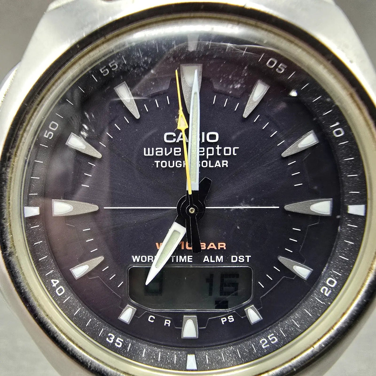 Casio Wave Ceptor Watch Men 43mm Gray Dial Silver Solar Alarm Daydate Runs JDM1