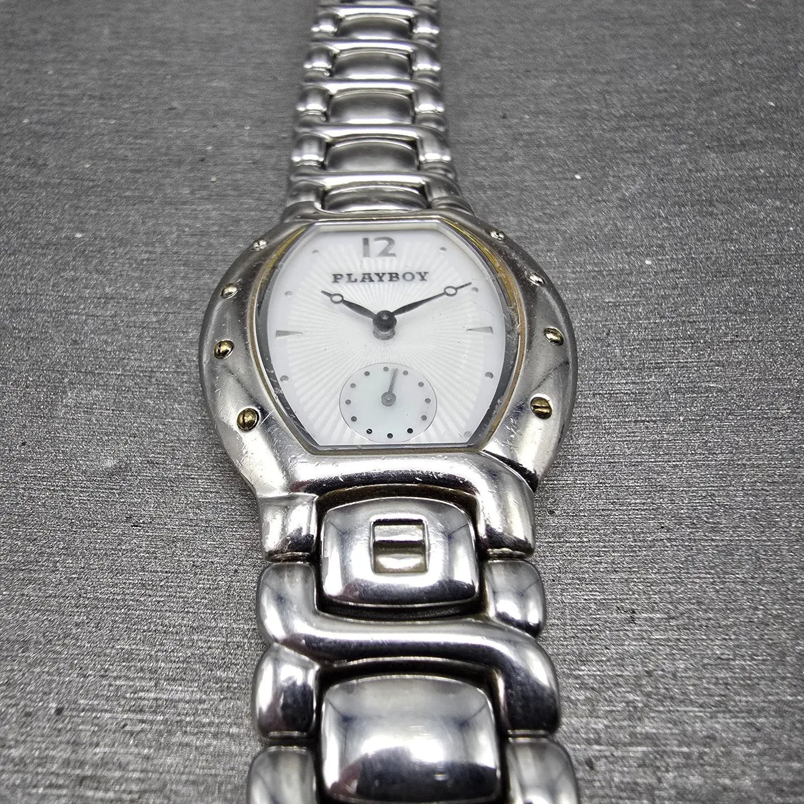 Playboy Watch Men 29mm White Dial Silver Tone Oval New battery MISSING CLASP!!!2