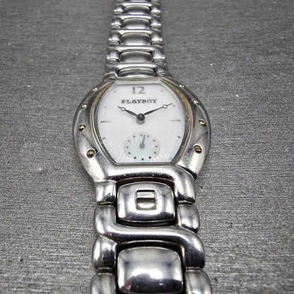 Playboy Watch Men 29mm White Dial Silver Tone Oval New battery MISSING CLASP!!!2