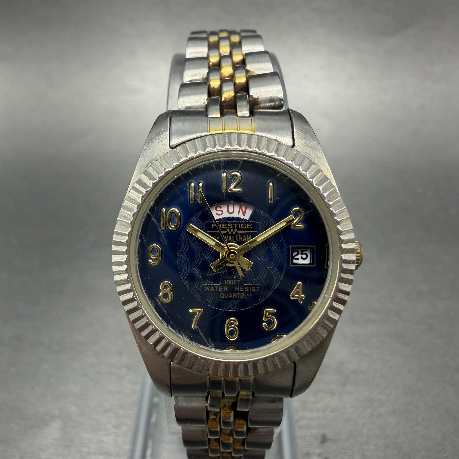 Waltham Prestige Watch Women 24mm Blue Dial Two Tone Daydate PC23 New Battery0