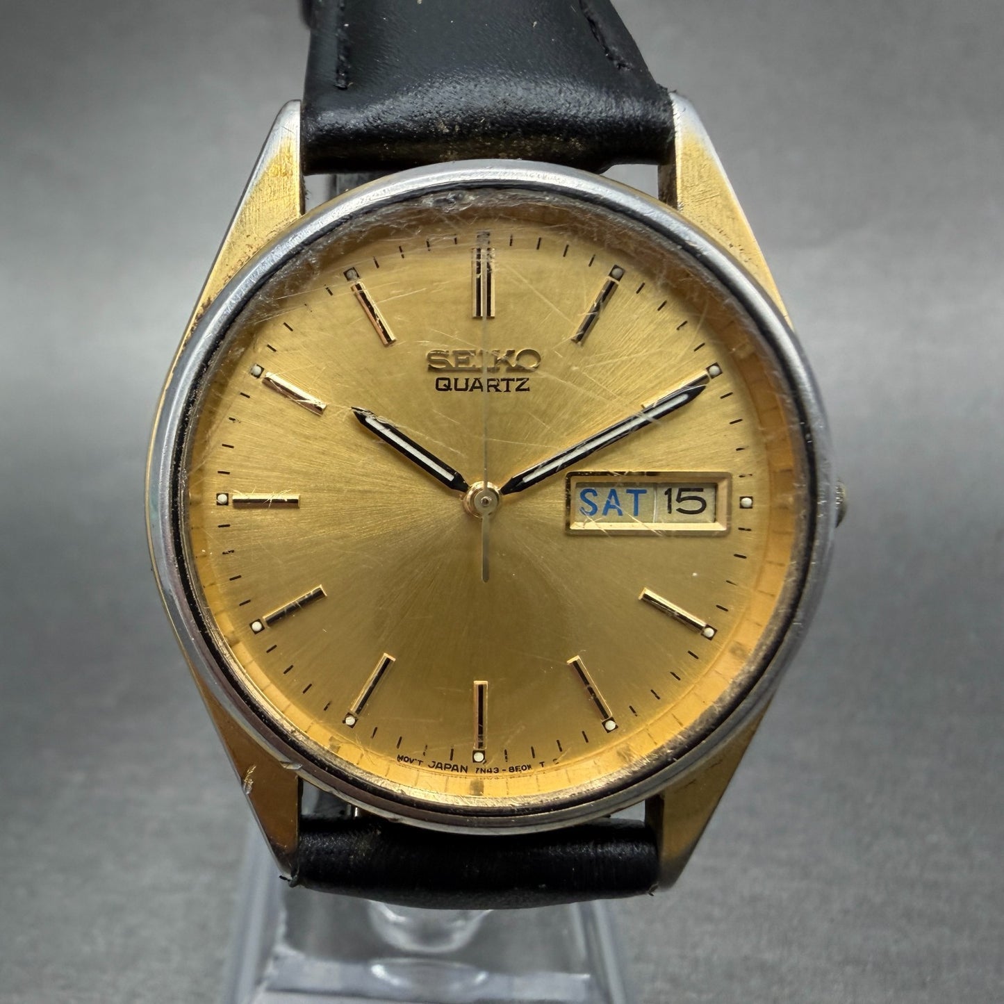 Seiko Watch Men 35mm Champagne Dial Gold Tone Daydate Round 7N43-7A59 NewBattery0