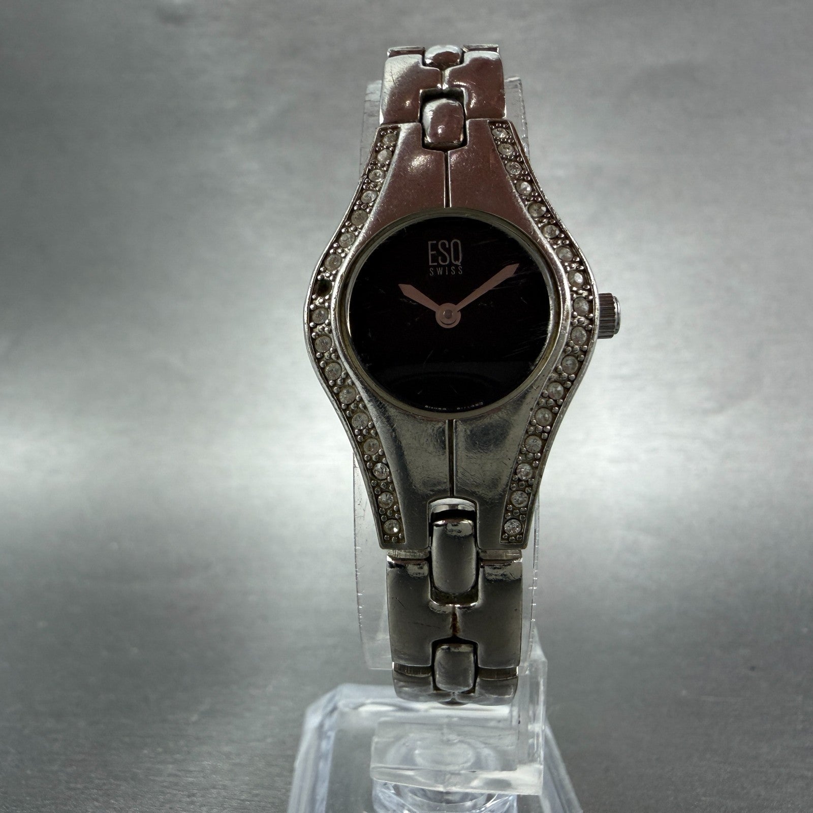 ESQ Watch Women 22mm Black Dial Silver Tone Crystal Bezel Round E5213 New Batt5