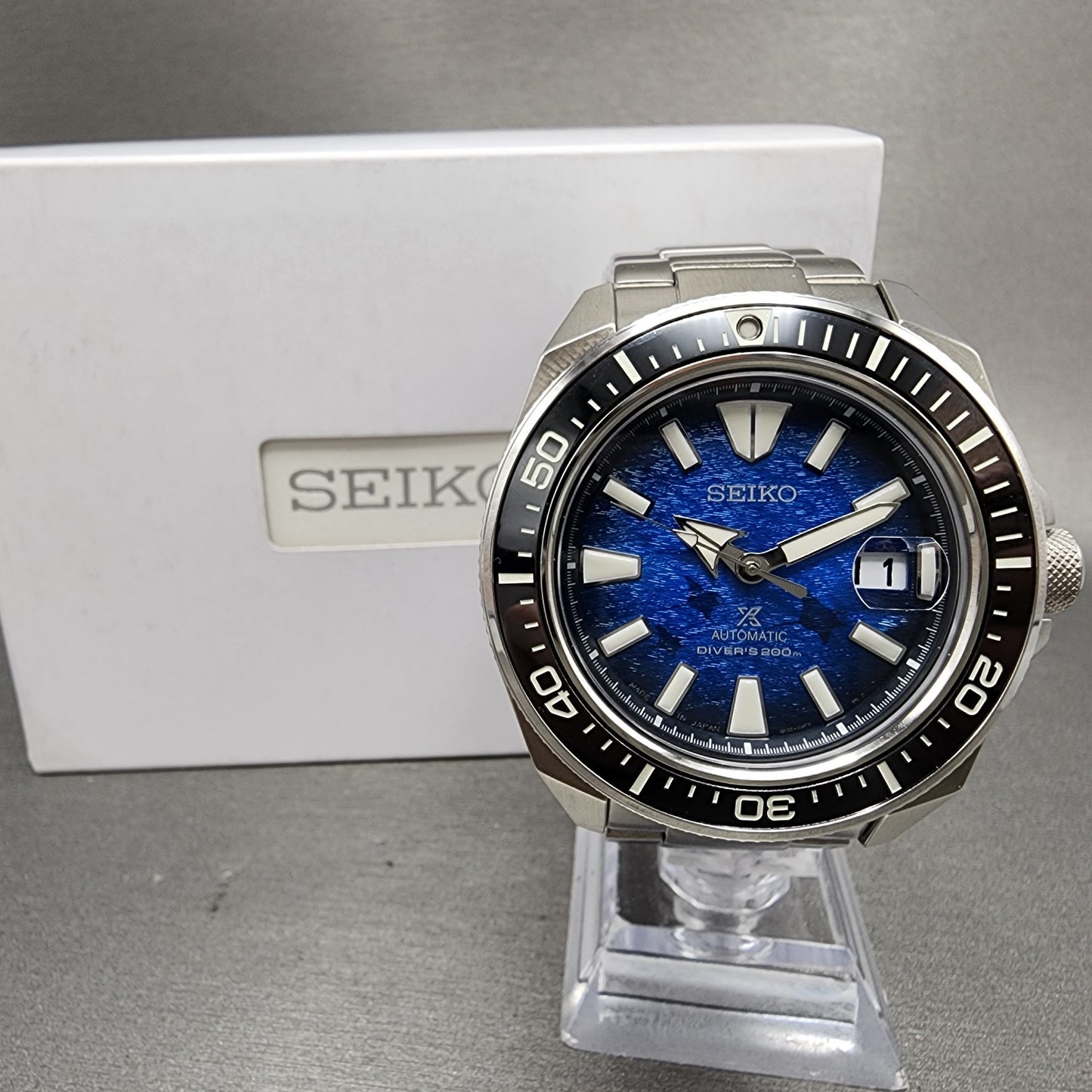 Seiko Prospex Save The Ocean Samurai Watch Men 44mm Blue Dial Steel Date Auto0