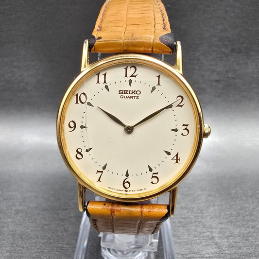 Seiko Watch Men 31mm Ivory Dial Gold Tone Round 5Y30-7009 New Battery VTG JP340