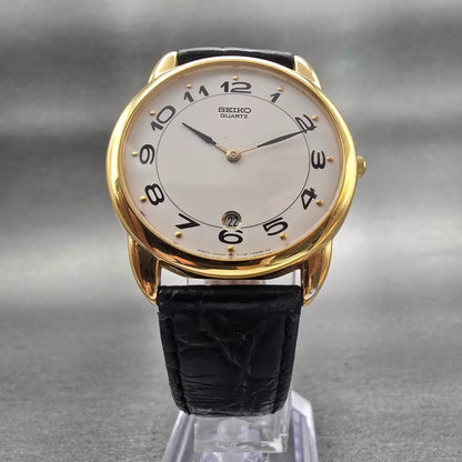 Seiko Watch Men 33mm White Dial Gold Tone Date Round 5Y39-8059 New Battery VTG5