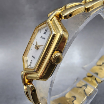 Pulsar Watch Women 17mm MOP Dial Gold Tone Hexagon V8105880 New Battery1