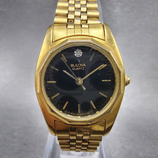 Bulova Watch Women 23mm Black Dial Gold Tone Round 92F62 New Battery VTG0