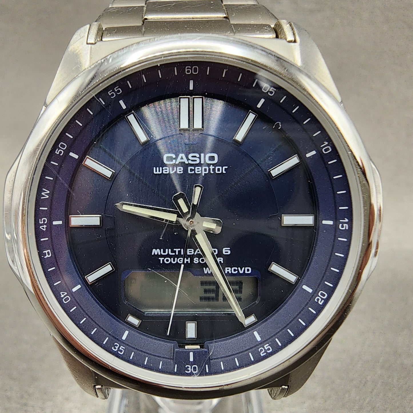 Casio Wave Ceptor Watch Men 42mm Blue Dial Steel Analog Digital Solar Runs3