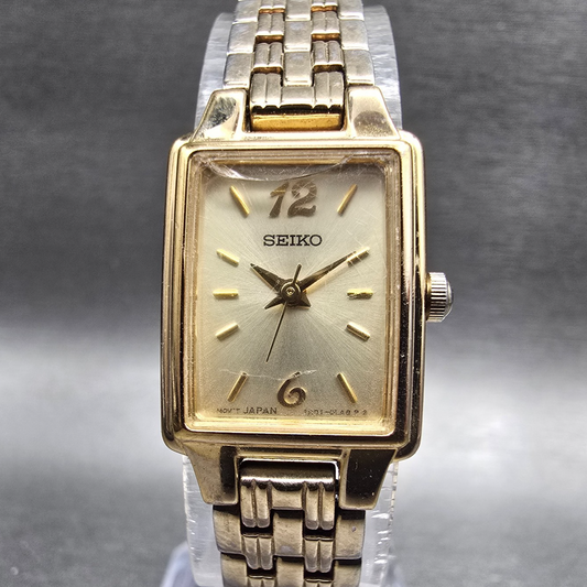 Seiko Tank Watch Women 16mm Champagne Dial Gold Rectangle 1N01-0FH0 New Battery0