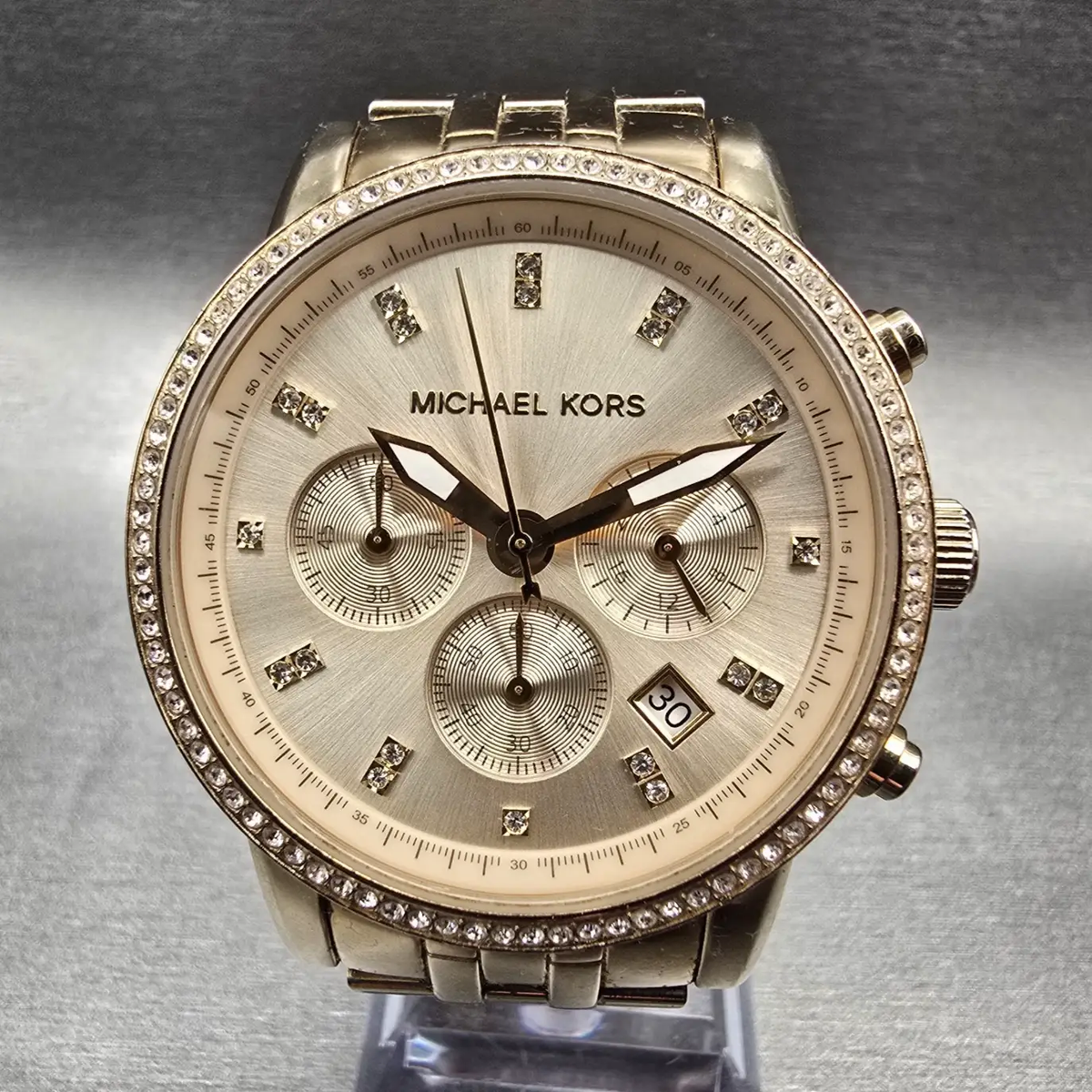 Michael Kors Chronograph Watch Women 41mm Gold Dial Gold Tone Date MK6342 NewBat0