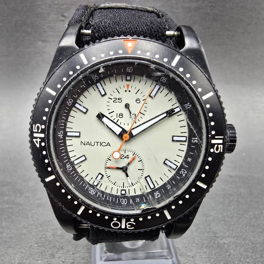 Nautica Dive Watch Men 43mm Gray Dial Black Tone Date Round N11033 New Battery0