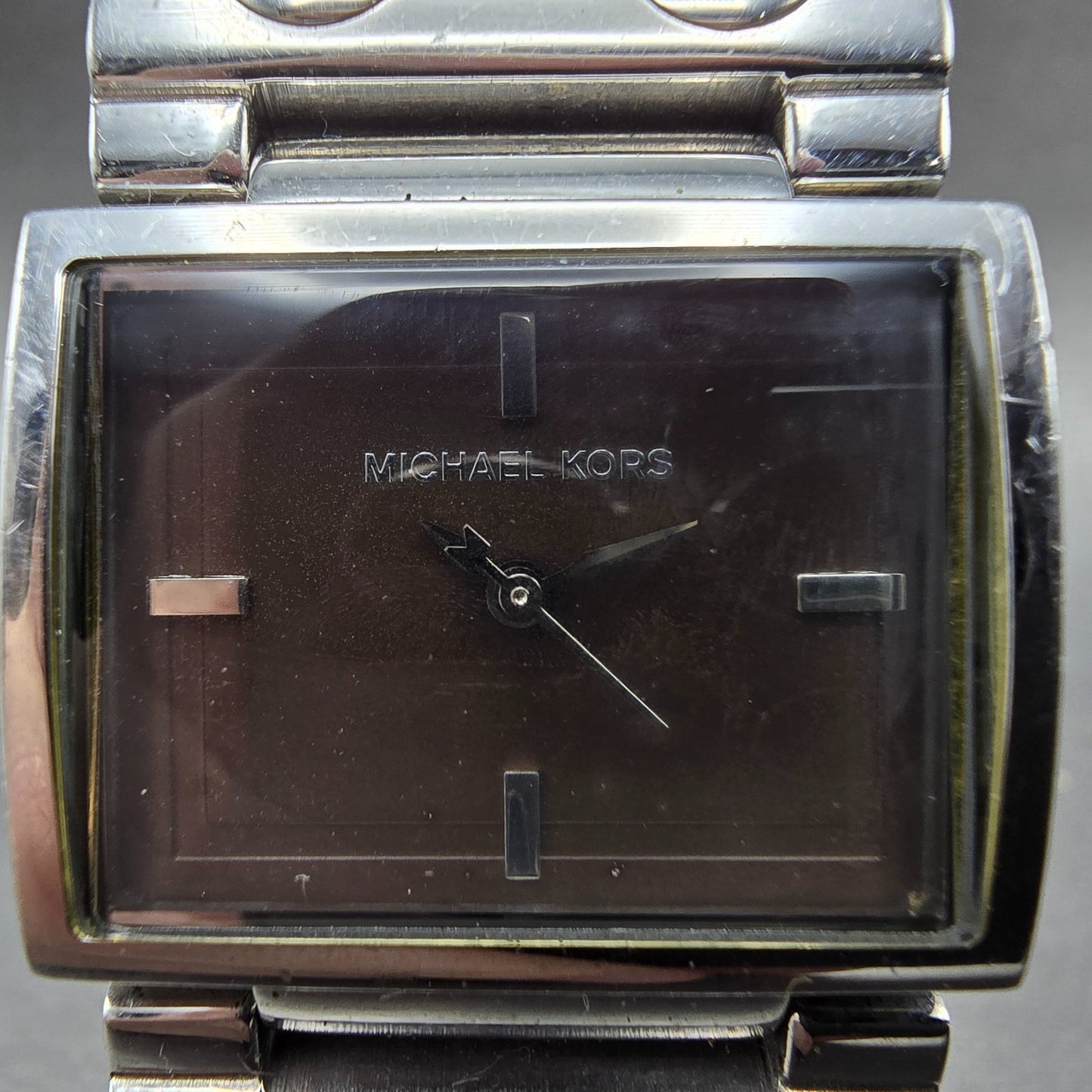 Michael Kors Watch Women 28mm Brown Dial Silver Tone Rectangle MK-4168 New Batt1