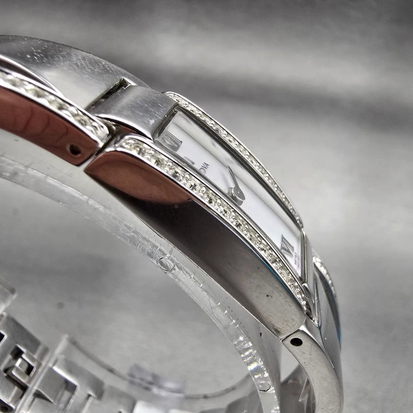 Bulova Watch Women 14mm MOP Dial Silver Tone Gemmed Rectangle 96T63 New Batt3