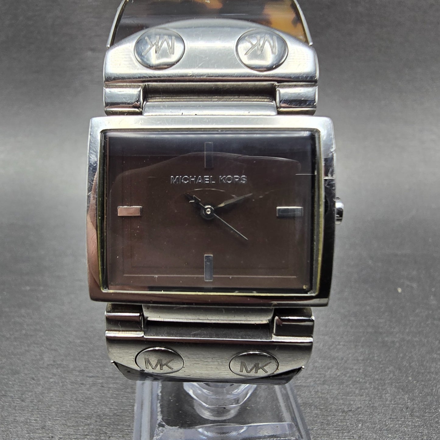 Michael Kors Watch Women 28mm Brown Dial Silver Tone Rectangle MK-4168 New Batt0