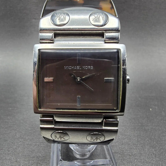 Michael Kors Watch Women 28mm Brown Dial Silver Tone Rectangle MK-4168 New Batt0