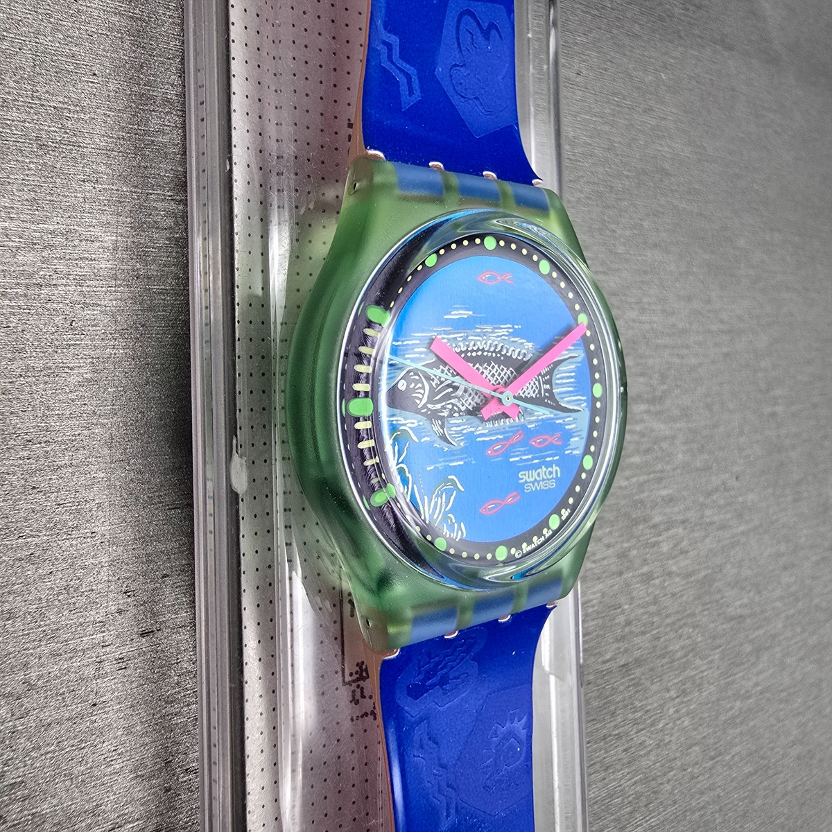 Swatch Frische Fische Watch Men 34mm Blue Dial Green Case GG116 New Battery NOS5