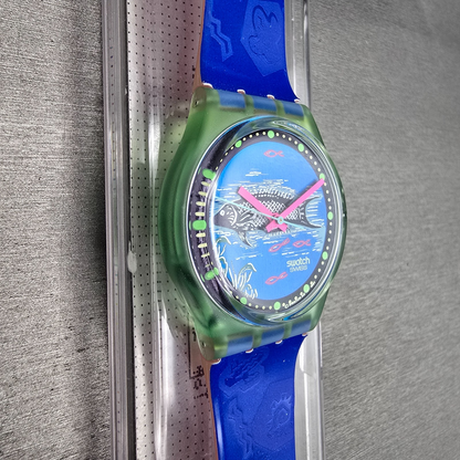Swatch Frische Fische Watch Men 34mm Blue Dial Green Case GG116 New Battery NOS5