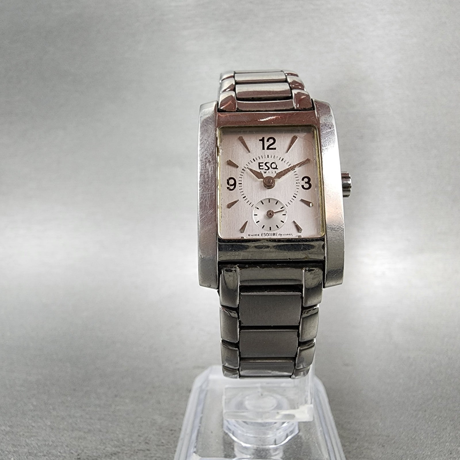 ESQ Tank Watch Women 21mm Silver Dial Silver Tone Small Seconds 100470 New Batt5