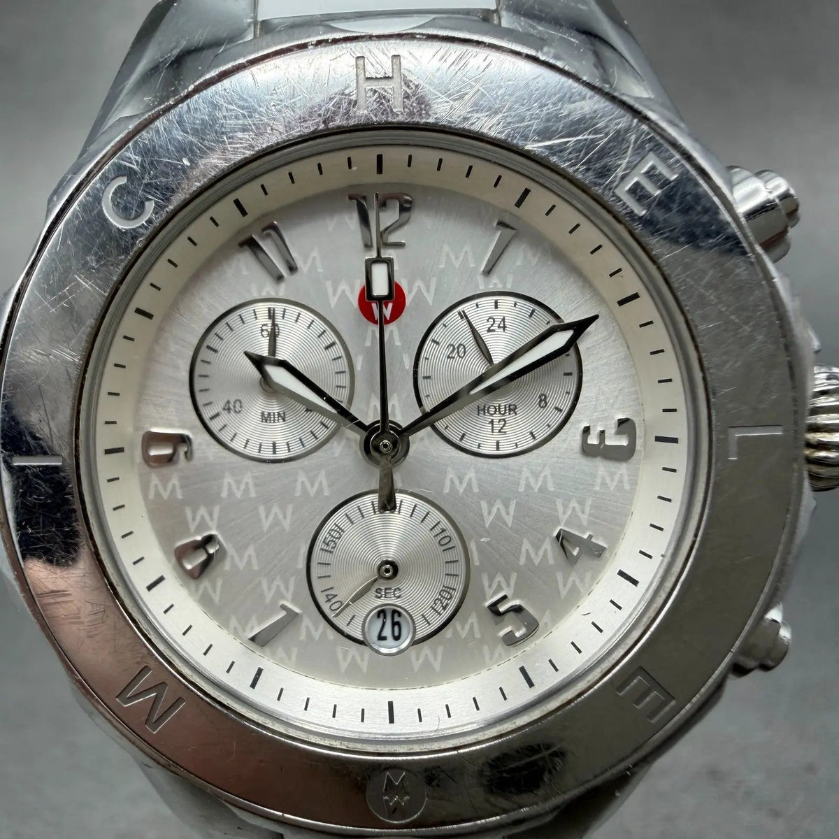 Michele Tahitian Chronograph Watch Women 40mm White Dial Steel Date New Battery1