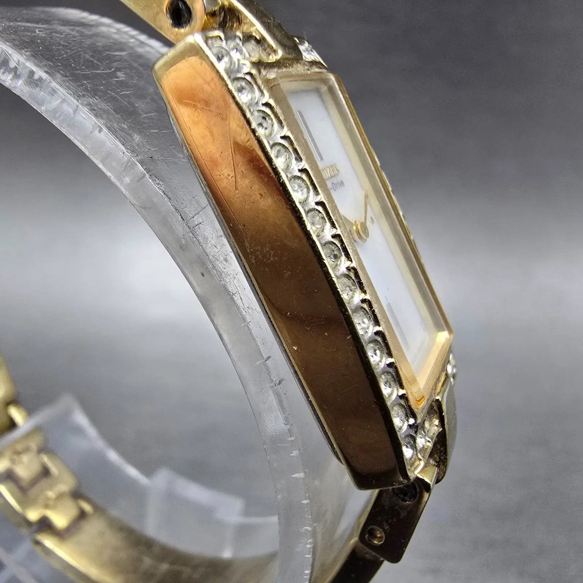 Citizen Eco-Drive Tank Watch Women 14mm White Dial Gold Crystal Bangle Works3