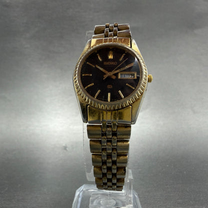 Seiko SQ Watch Women 24mm Black Dial Gold Tone Daydate 3E23-0A69 New Battery ABF5