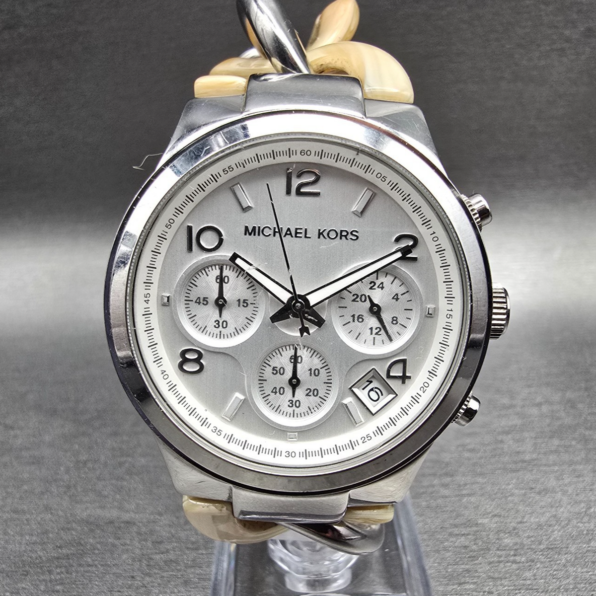 Michael Kors Runway Watch Women 38mm Silver Dial Chrono Alarm MK4263 New Battery0