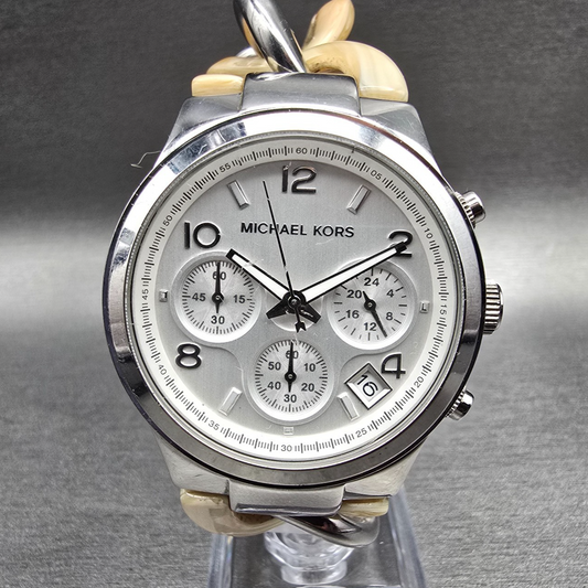 Michael Kors Runway Watch Women 38mm Silver Dial Chrono Alarm MK4263 New Battery0
